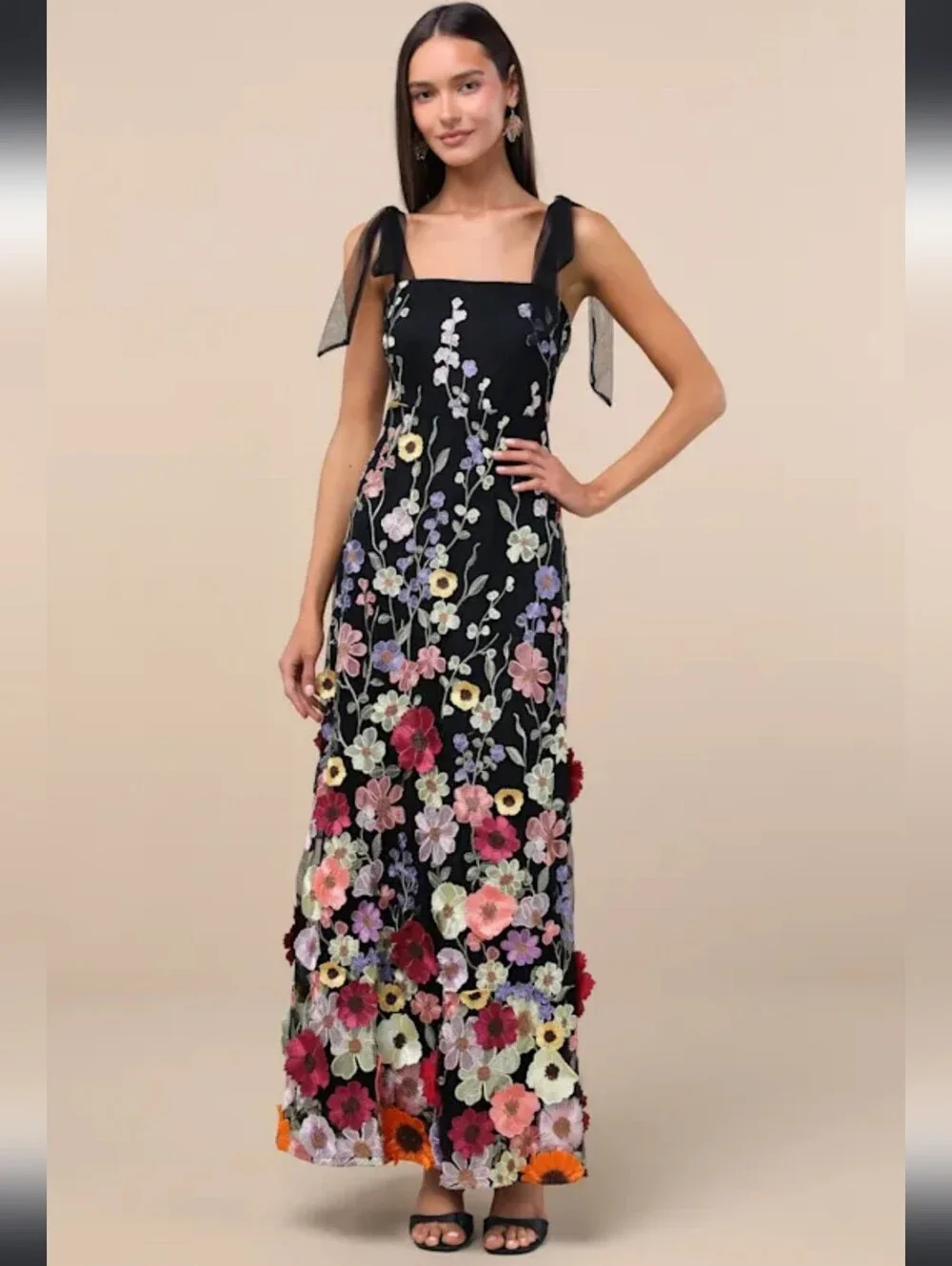 Lulus Thriving Poise Black 3D Floral Embroidered Tie-Strap Maxi Dress - Picture 2 of 16